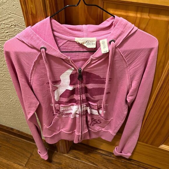Vintage Guess pink zip up with beach scene size small - Picture 1 of 6